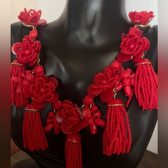 J. CREW Statement Beaded red floral necklace with Bead Tassels - Picture 3 of 7